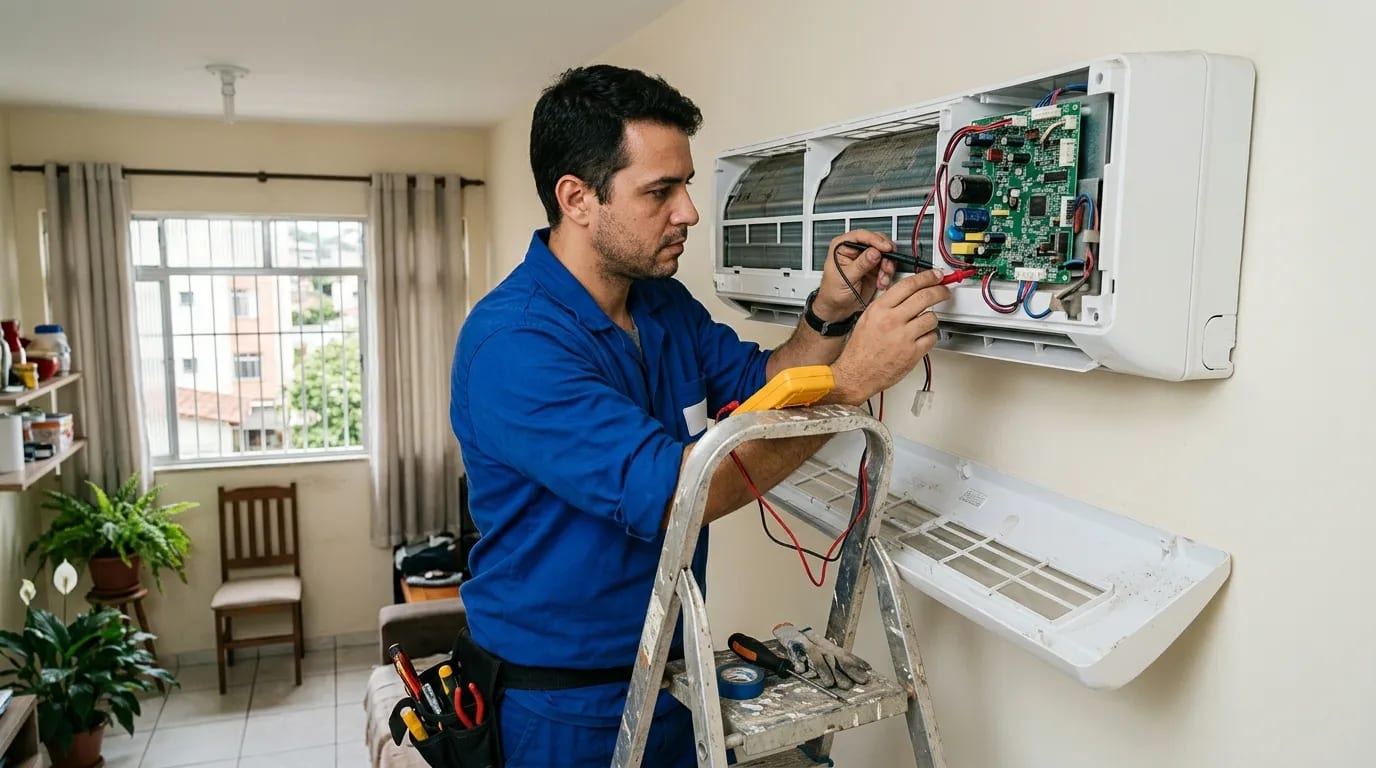 Eletricista ligando a placa do ar-condicionado split em Vitória‑ES